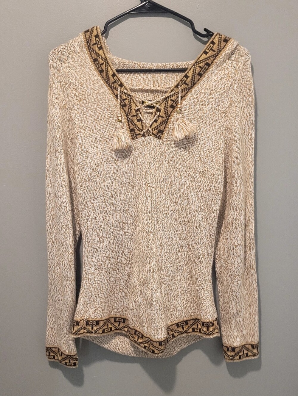 ALPACA FINA Boho Brown Tassel Tie Hooded Pullover Swear Sz S